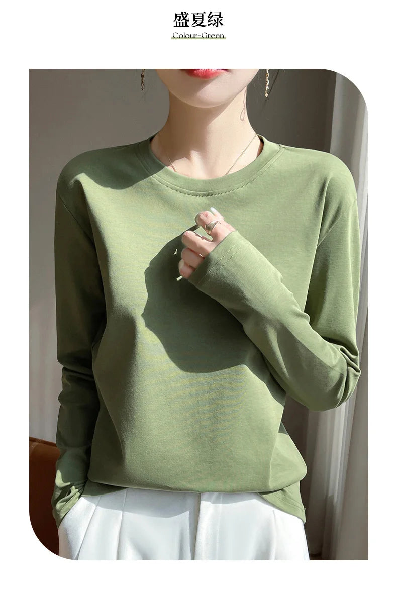 Spring And Summer New Mercerized Cotton Long Sleeve T-shirt Women's Round Neck Loose 100% Cotton Bottoming T-shirt