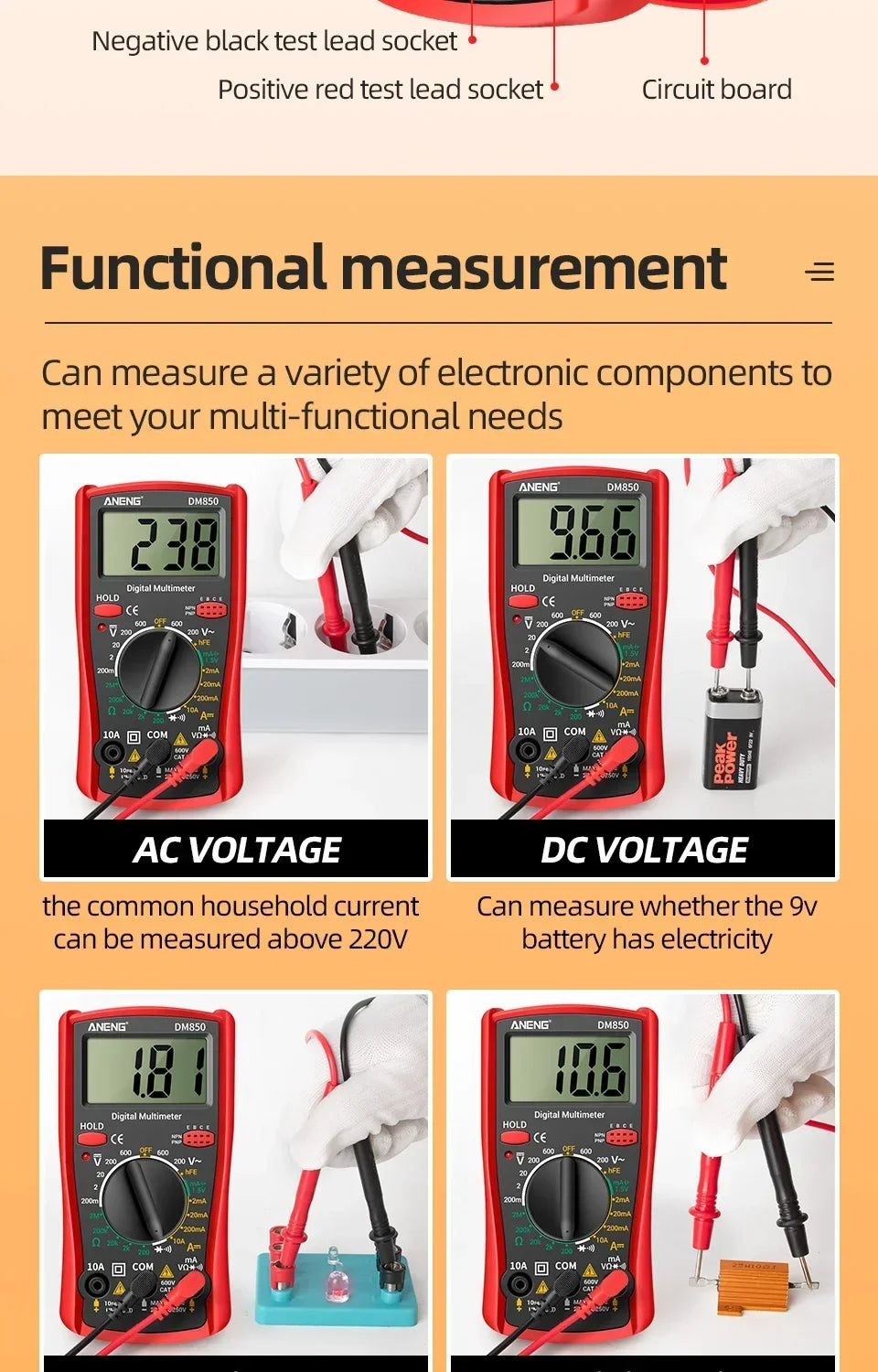 Smart Digital Multimeter Automatic 1999 Count AC/DC Current Voltage Handheld ANENG DM850 Buzzer Resistance Diode Electrician Tes