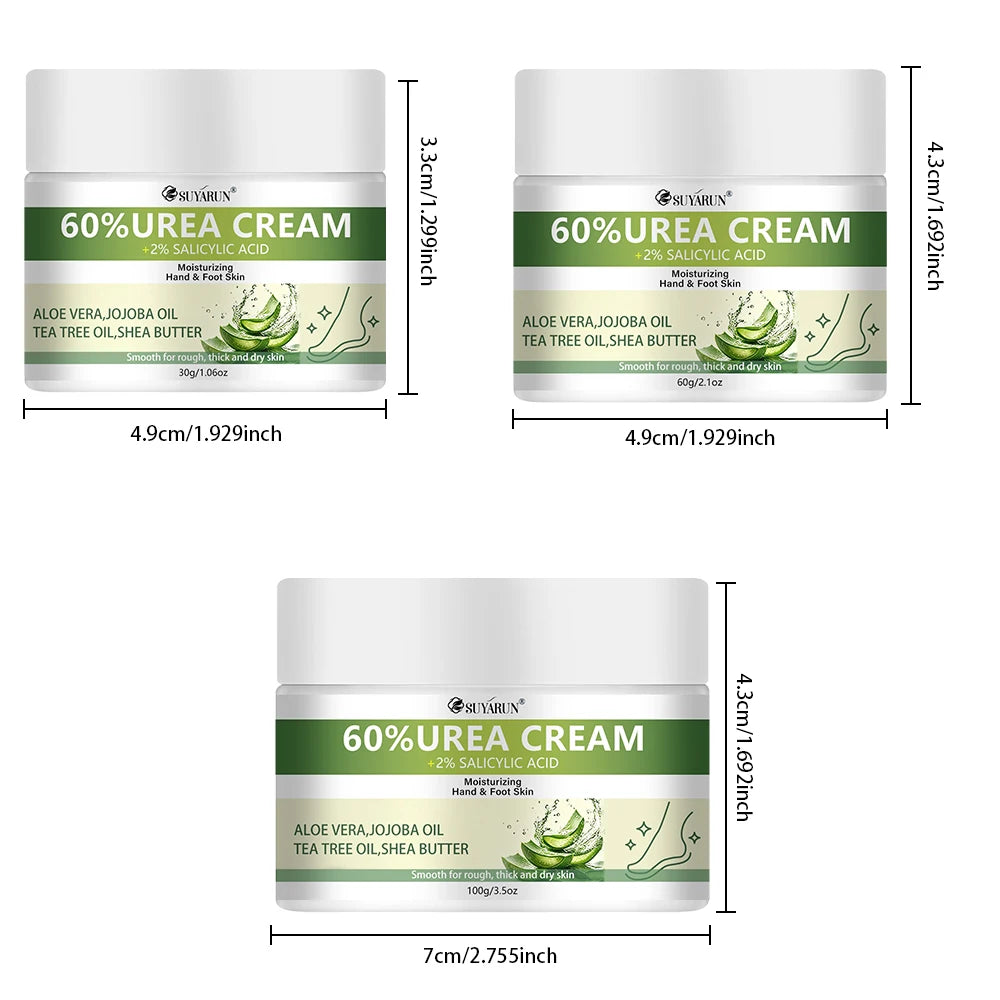 SUYARUN 60% Urea+2% Salicylic Acid Exfoliating Foot Cream, Aloe & Tea Tree, Soothing Moisturizing & Hydrating for Cracked Heels.
