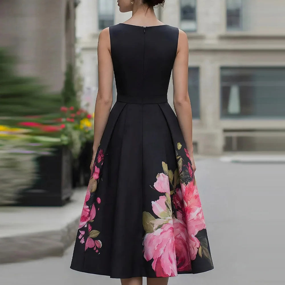 Elegant Chic O Neck Sleeveless Maxi Dress Women Summer Holiday Patchwork Printing Casual Party Dress Fashion Simple Ladies Dress