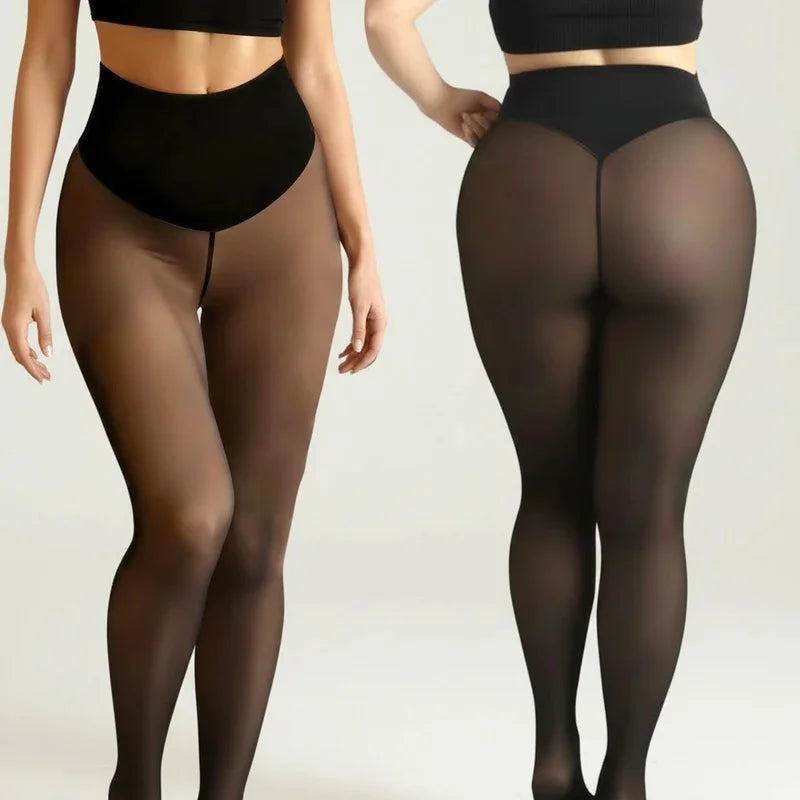 One-Seam Fleece Lined Tights - Sheer-Look Thermal Leggings, Plus Size - photo 3