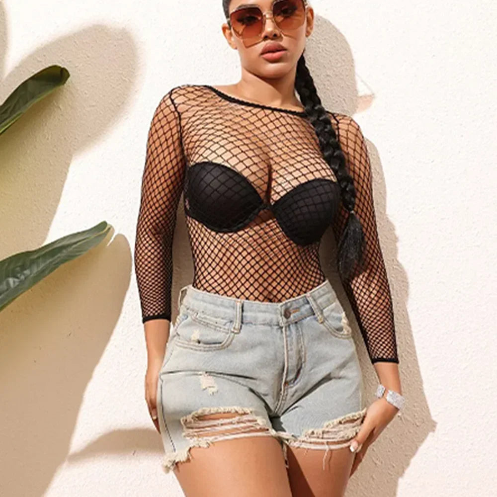 Women's See-Through Mesh Long Sleeve Bodycon Beach Dress – Sexy Off Shoulder Bikini Cover Up Mini Dress