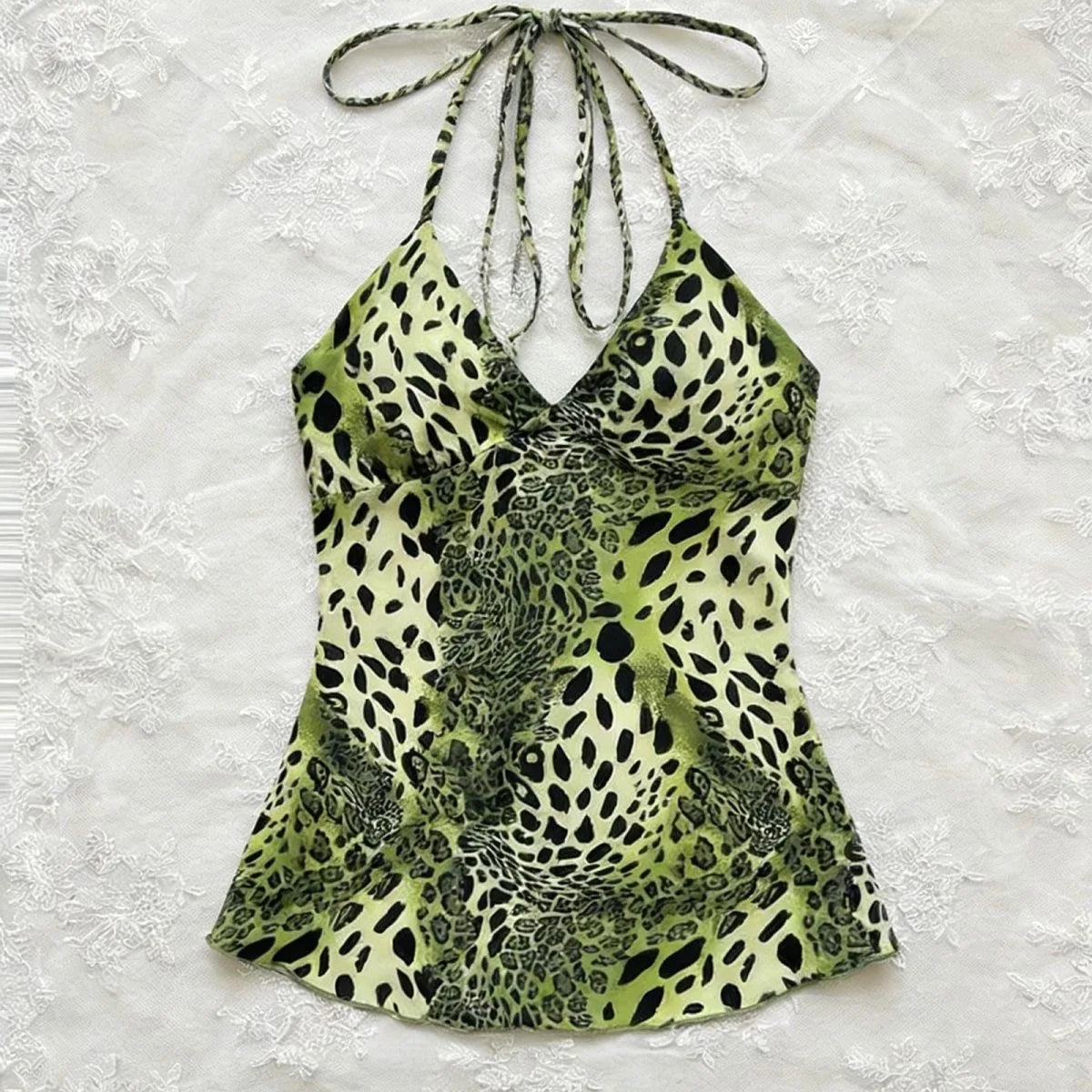 Women's Leopard Lace Cami — Y2K Patchwork Sleeveless Beach Tank Top