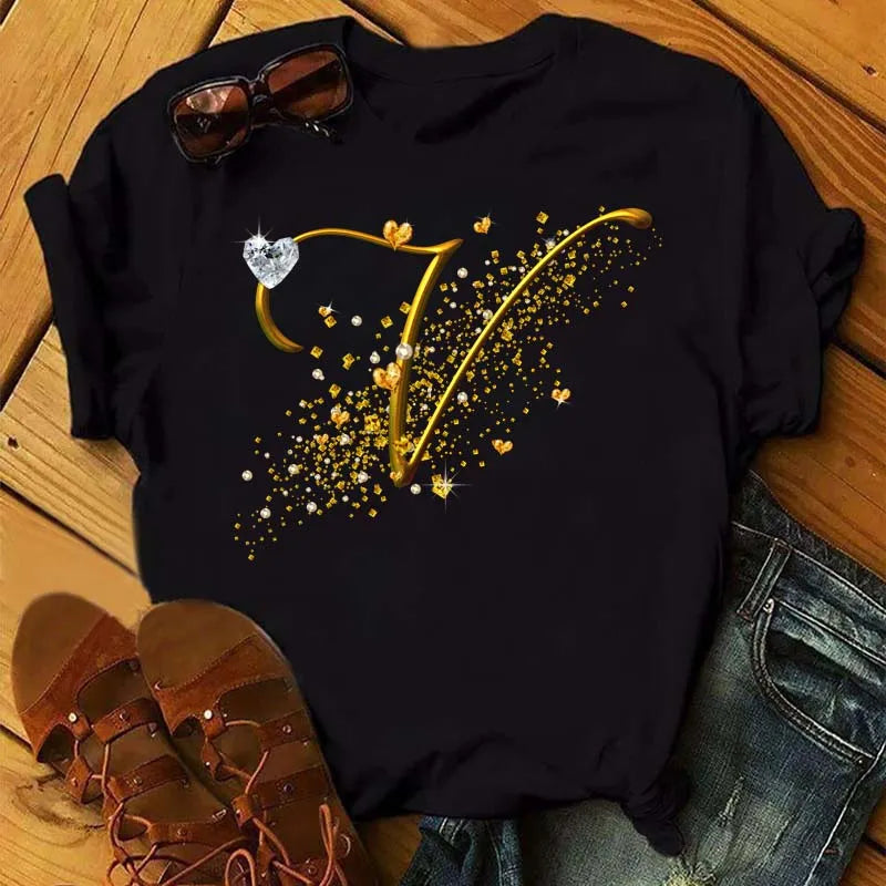 Women's Personalized Letter Graphic Tee — Gold Diamond-Font Monogram Short-Sleeve Top