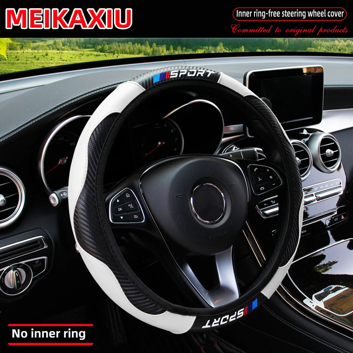 Carbon fiber leather SPORT car steering wheel cover without inner ring, car decoration, suitable for both men and women