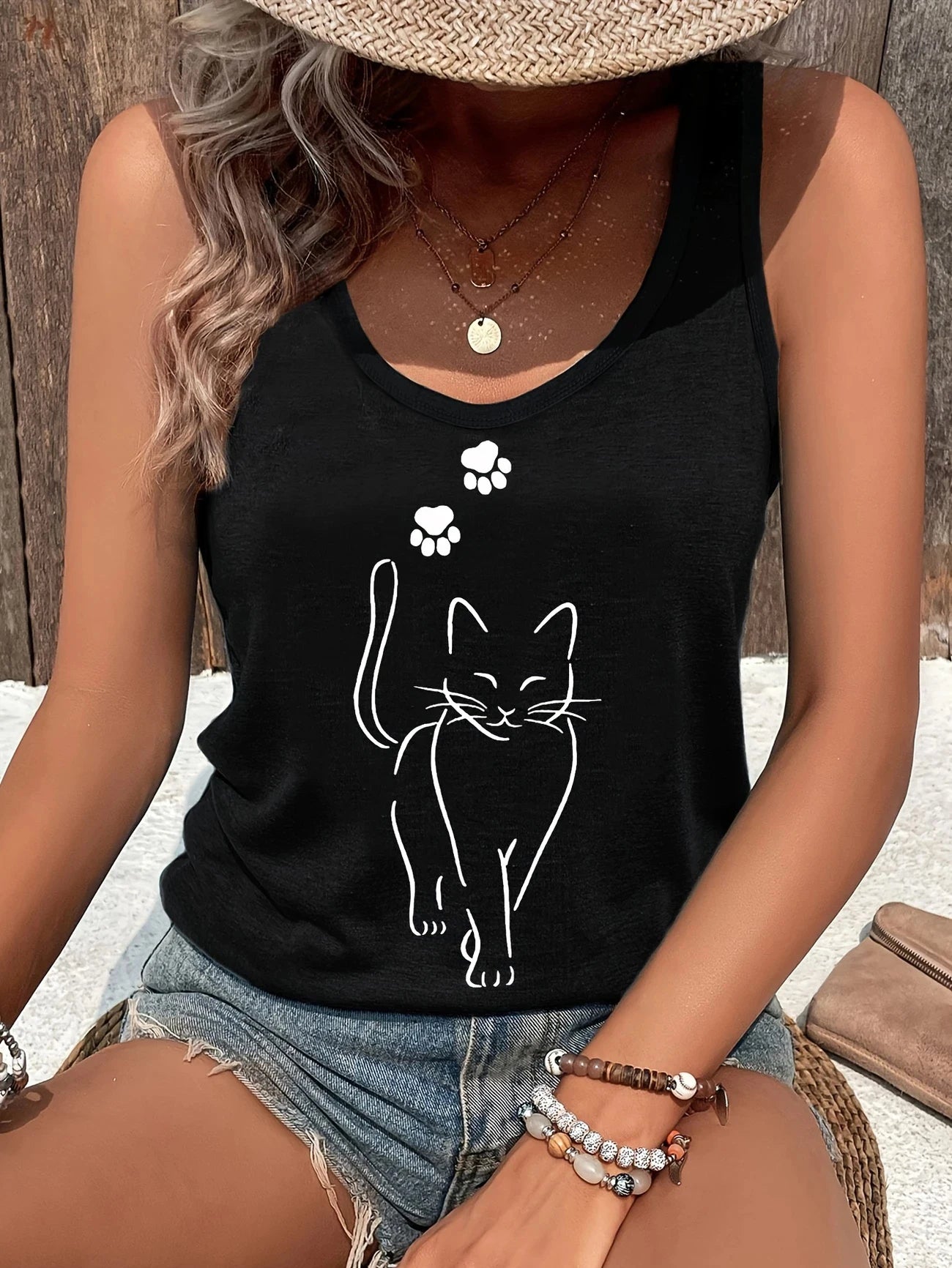 T-shirt Cat Kawaii Design Printed Vest  Graphic Print Tank Top Women’s Sleeveless Crew Neck Casual Top for Summer Spring