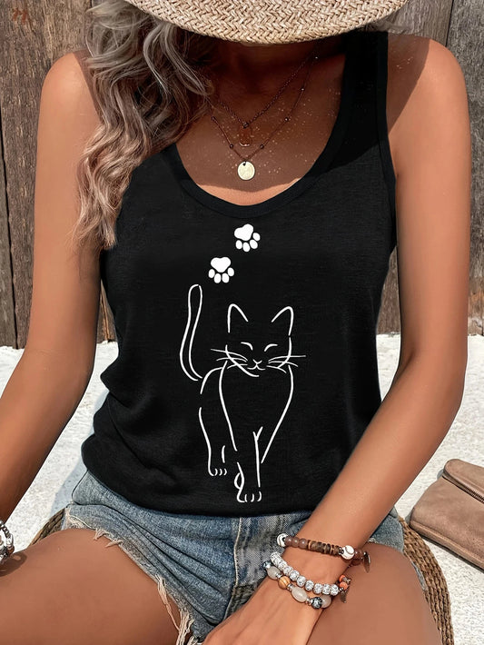 T-shirt Cat Kawaii Design Printed Vest  Graphic Print Tank Top Women’s Sleeveless Crew Neck Casual Top for Summer Spring