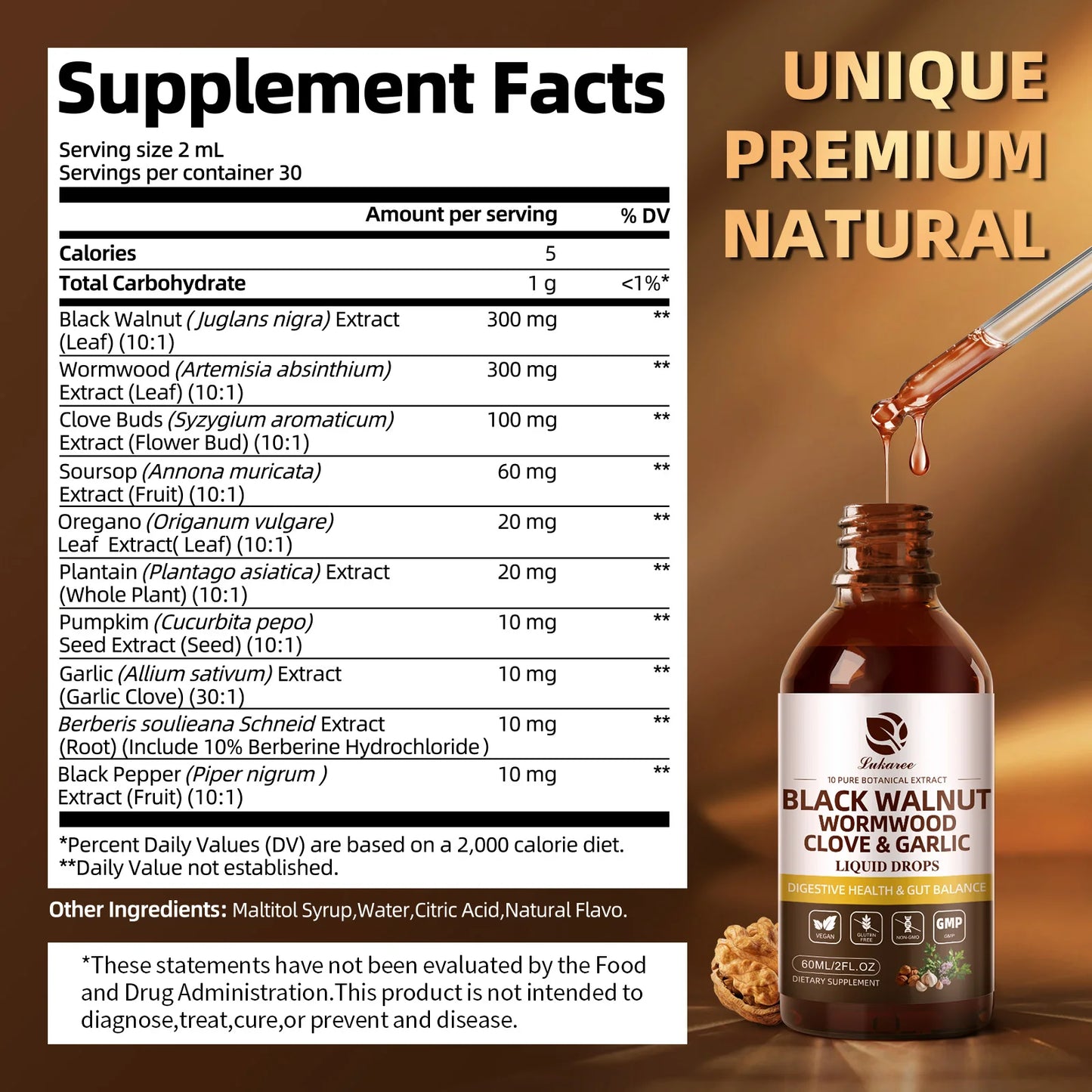 Gotas de nuez negra Lukaree de 60 ml con clavo de olor y ajo: favorecen la digestión y la salud inmunitaria, desintoxican el cuerpo y son antioxidantes.
