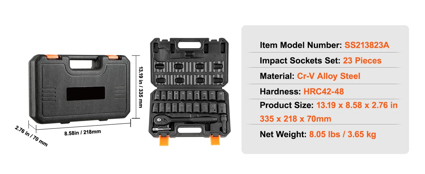 SucceBuy 23PCs 1/2" Drive Impact Socket Set Socket Set SAE (7/16" -1")& Metric (13-24mm) 6 Point Cr-V Alloy Steel Auto Repair