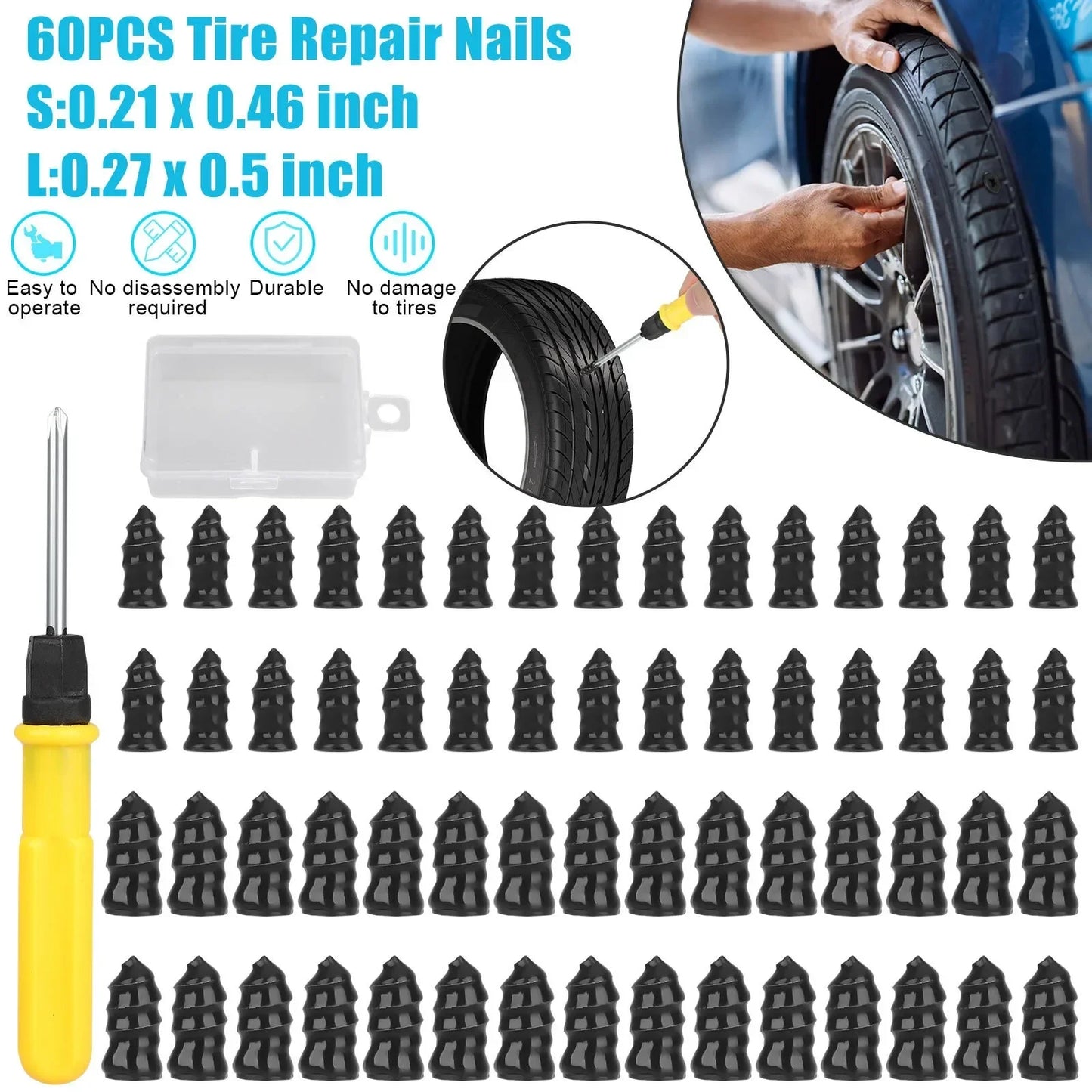 61x Car Tubeless Vacuum Tyre Puncture Repair Kit With Screwdriver & Convenient Storage Box Screw Nails Tire Patch Plug Fix Tools