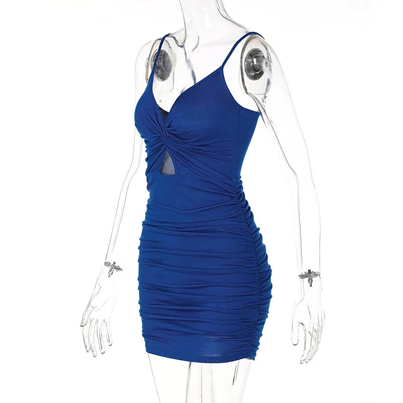 Women's Spaghetti Strap Backless Bodycon Mini Dress – Ruched Wrap Hip Dress | S–L (Black, Green, Blue)