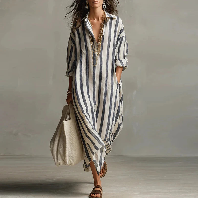 Vintage Printed Maxi Dresses For Women Casual Striped Printed Loose Beach Holiday Long Dresses For Women Party Dress Boho