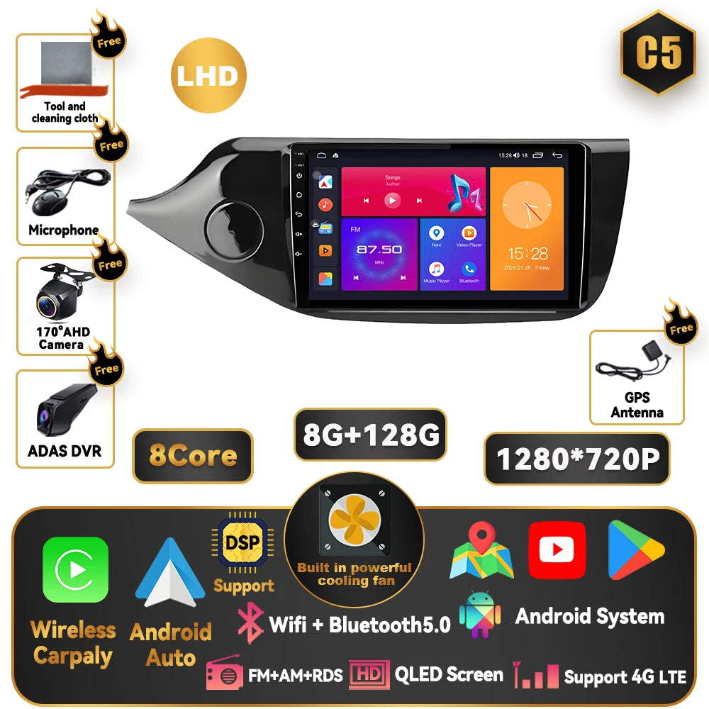 Android 15 Carplay For Kia CEED 2 JD 2012 - 2018 Car Radio Stereo Multimidia Player GPS Bluetooth DSP 2din Stereo QLED Screen