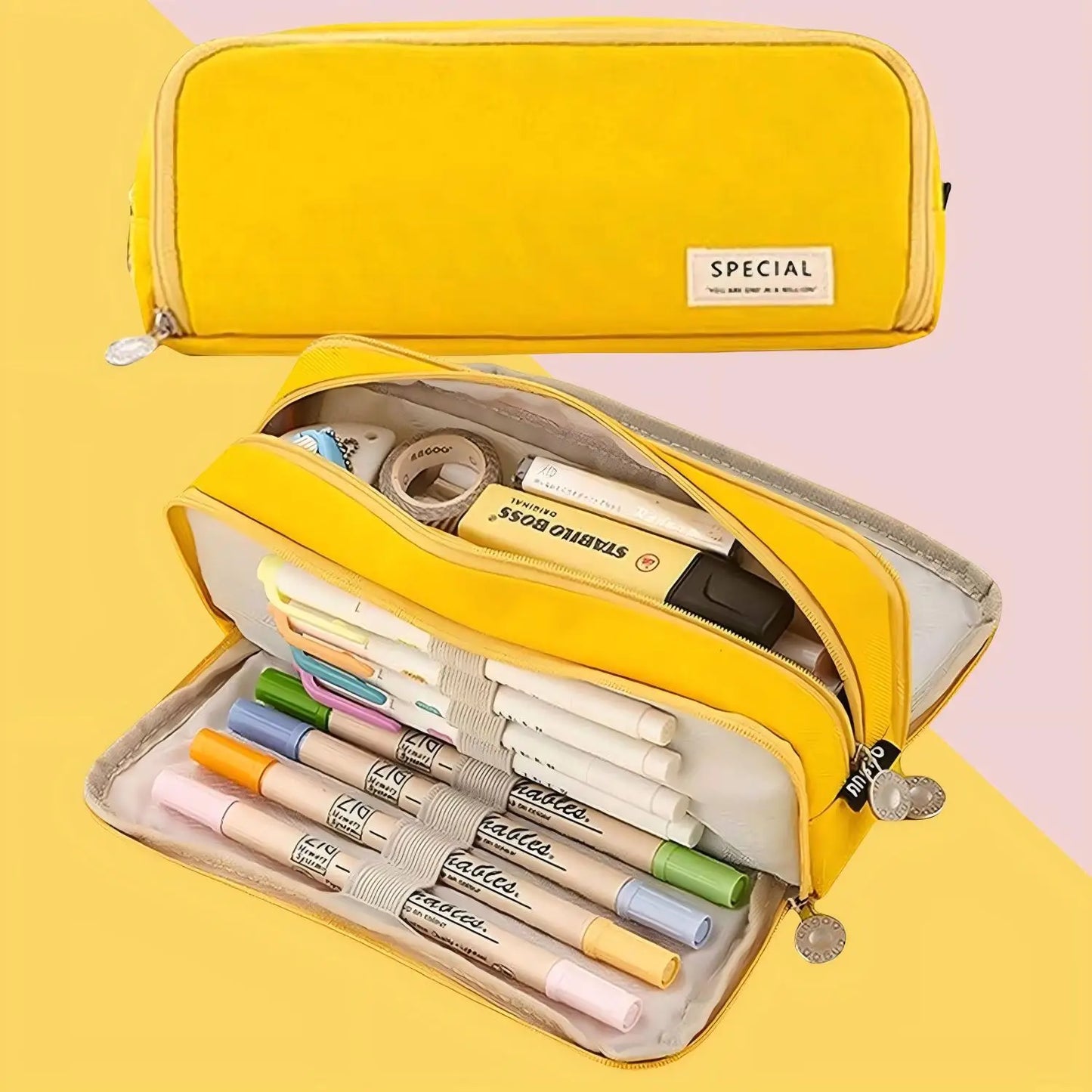 Pencil Case Large Space Storage 3 Compartment Pouch Double Side Opened Student Stationery Desk Organizer School Supplies