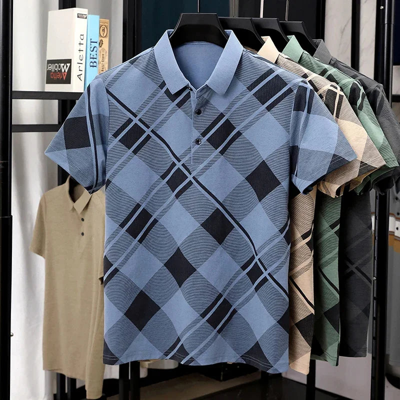 Men's Retro Plaid Polo - Woven Wrinkle-Resistant, Two-Button Lapel