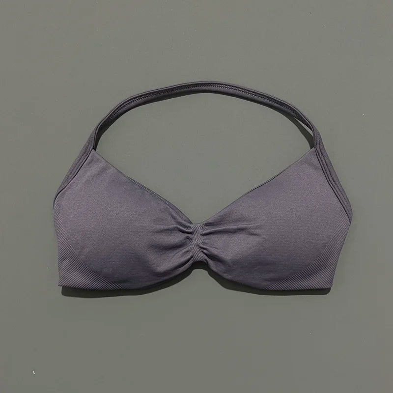 HISTELLO Df Solid Color Impact Strappy Bra Women Seamless Yoga Underwear Fitness Workout Halter Top Running Gym Sports Bra