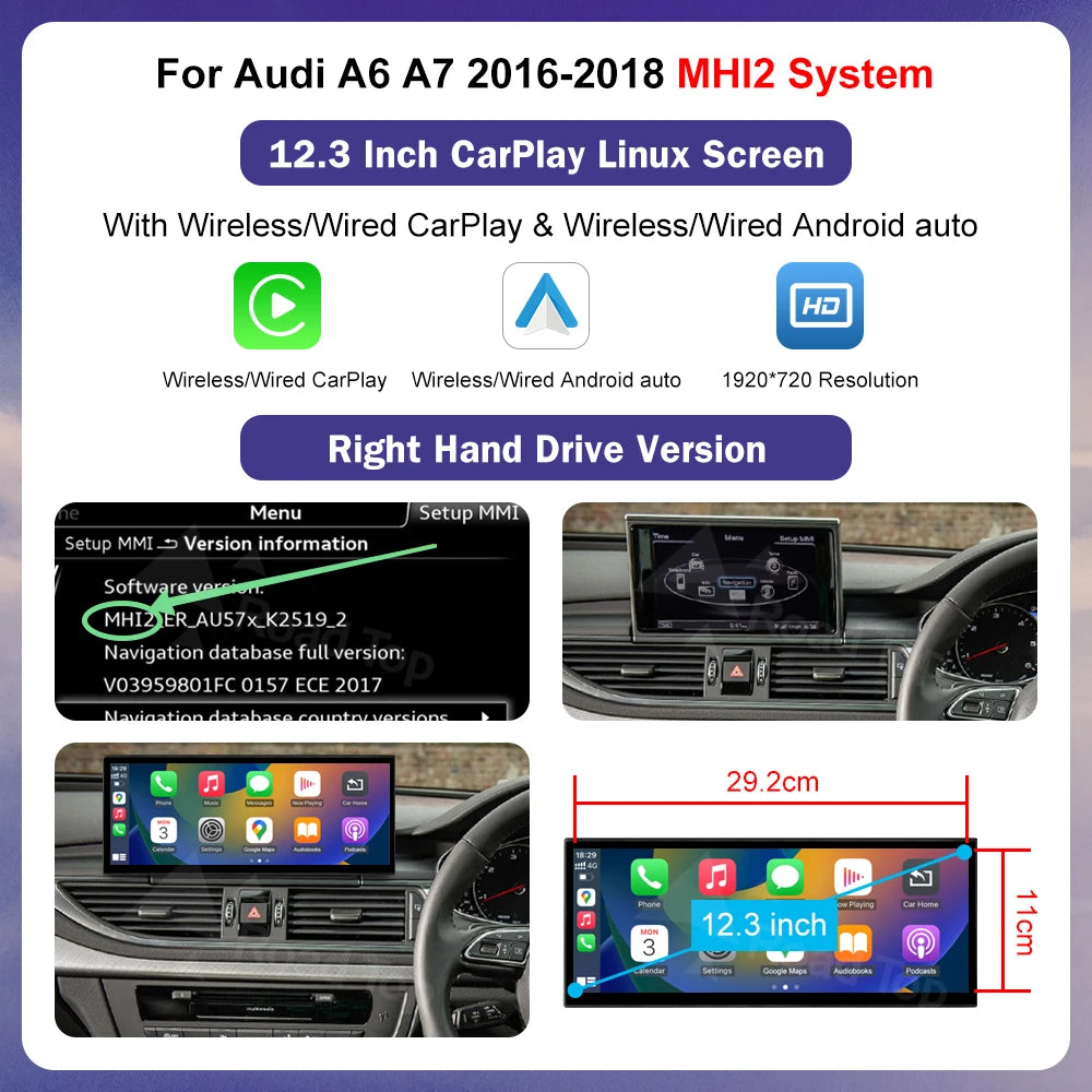 Road Top 12.3" Multimedia Screen for Audi A6 C6/C7 & A7 (2011–2018) — Wireless CarPlay, GPS, Bluetooth