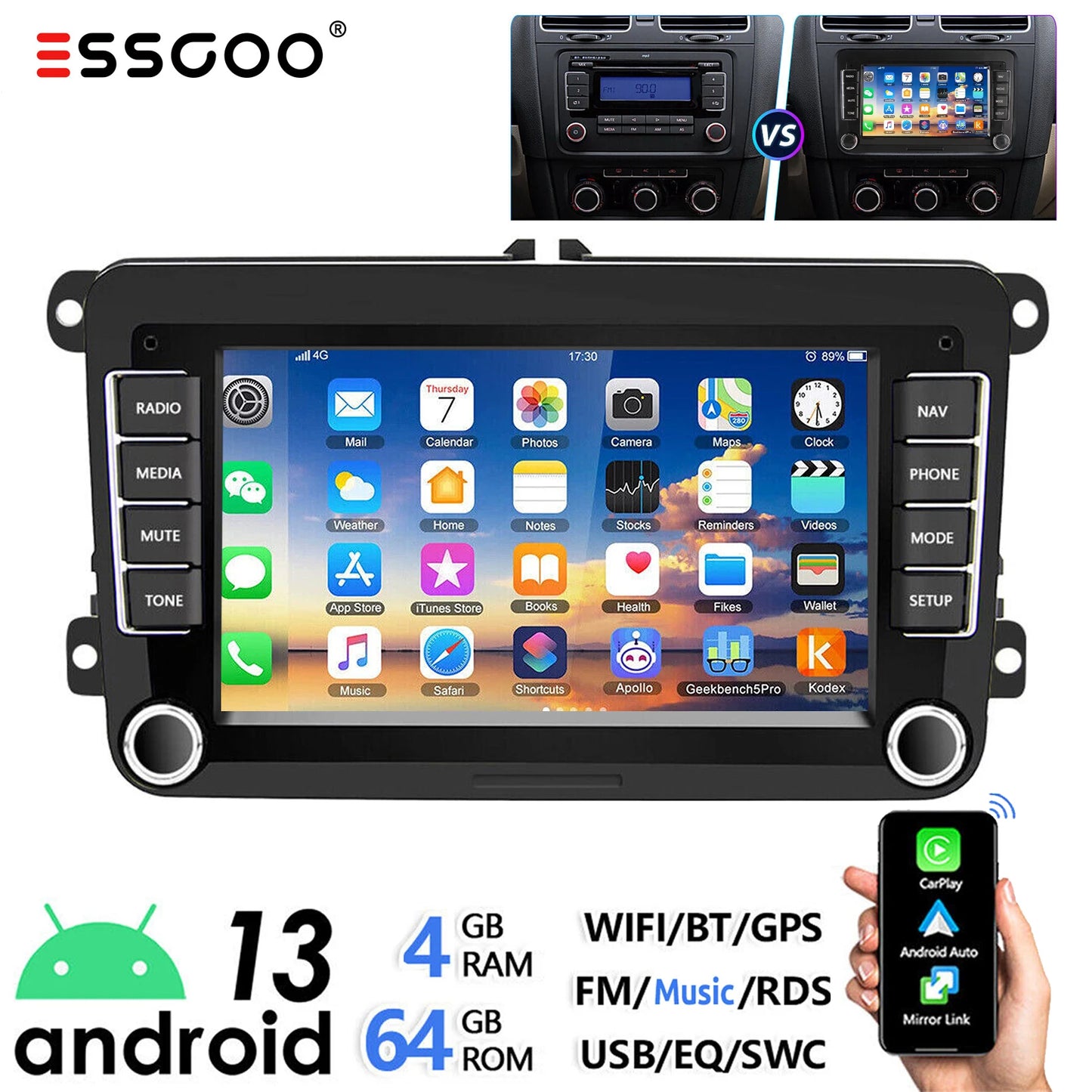 ESSGOO 7" Android 14 4G+64G Apple Carplay ChatGPT Car Stereo GPS WIFI RDS BT for VW Golf 5 6 Passat Polo Touran Tiguan Caddy EOS