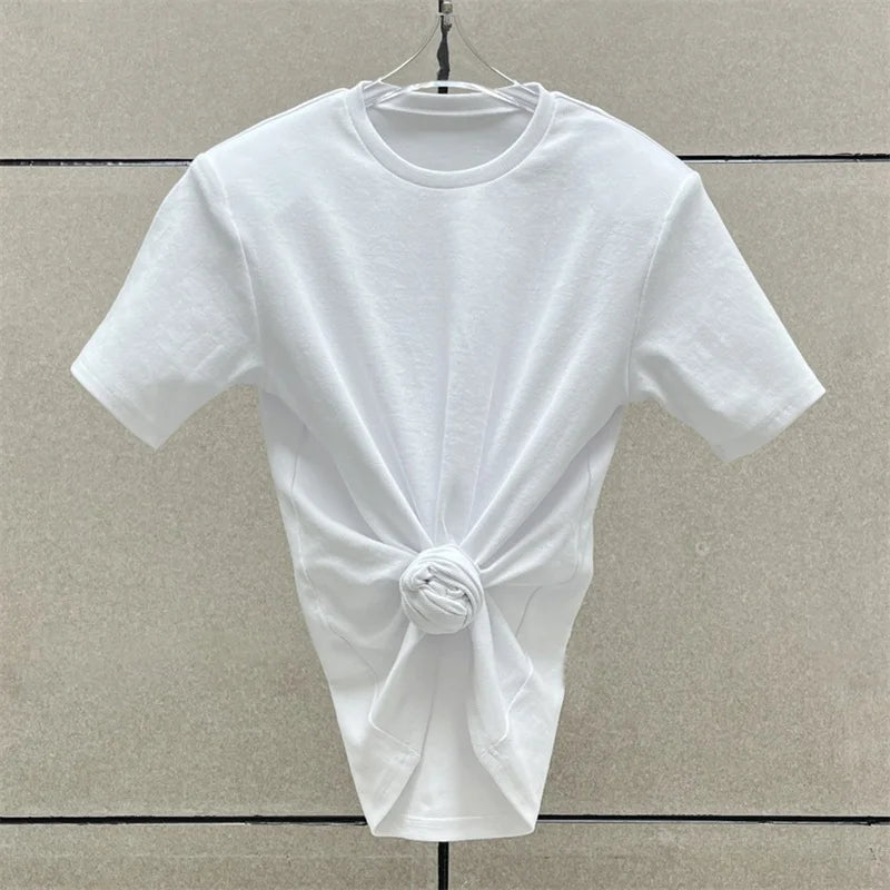 Women's t-shirt 2026 summer New elastic knitted short sleeved top 3D flower decorated round neck pullover pure cotton crop top