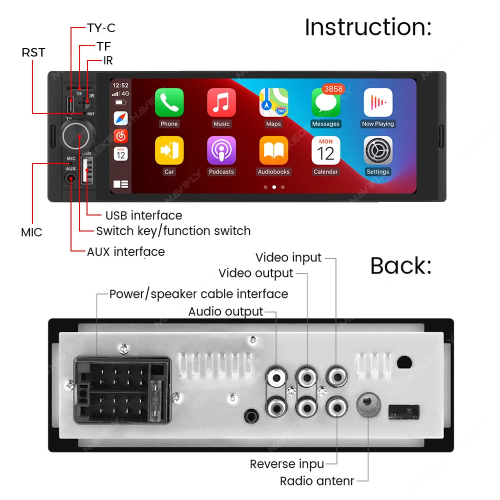 NaviFly 6.86" 1-DIN Car Stereo — Wireless CarPlay, Android Auto, MP5 Player, FM Radio