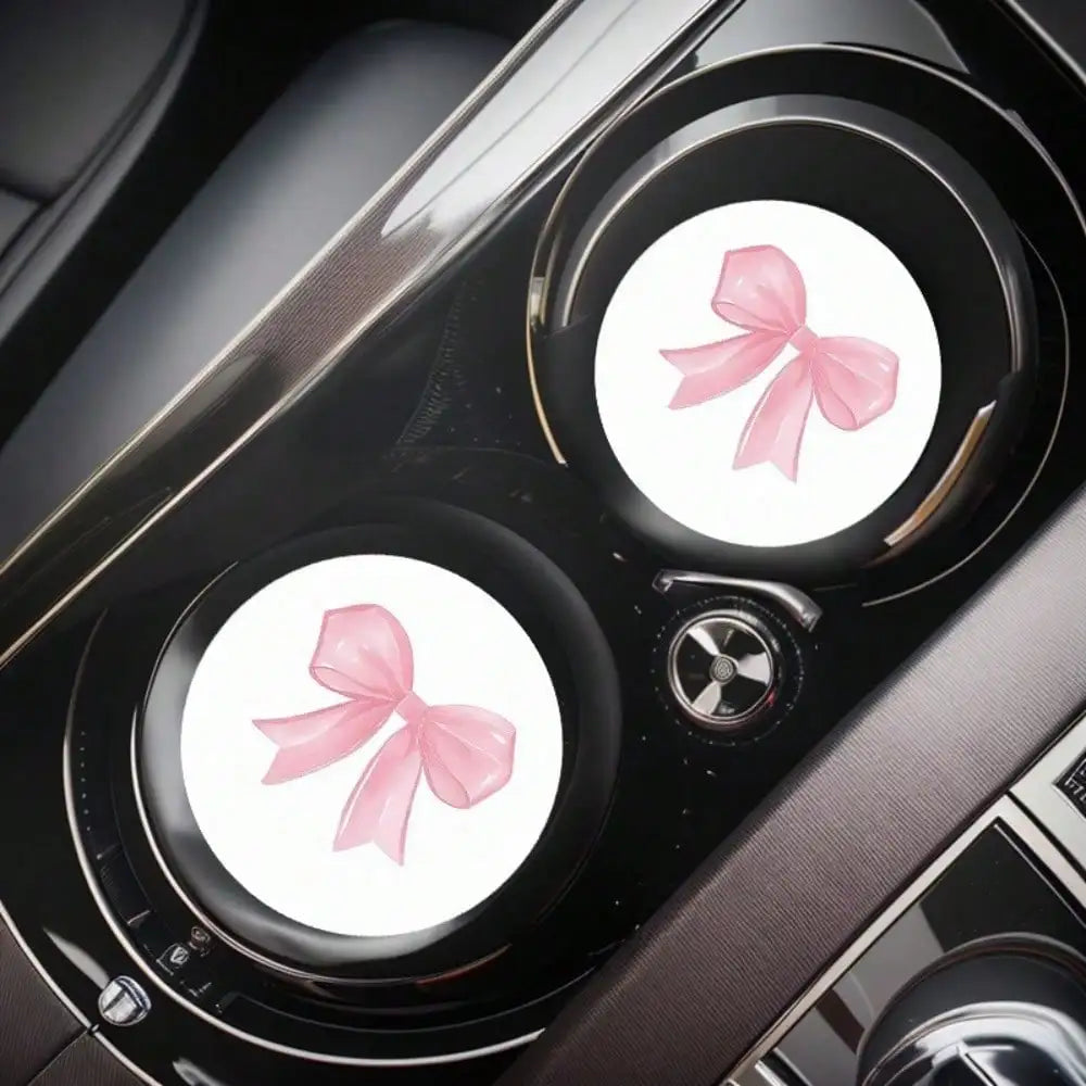 2-Pack Non-Slip Pink Bow Print Car Cup Holder Coasters, Universal Fit Interior Accessories