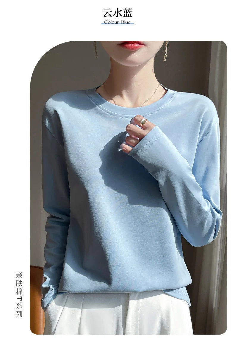Spring And Summer New Mercerized Cotton Long Sleeve T-shirt Women's Round Neck Loose 100% Cotton Bottoming T-shirt