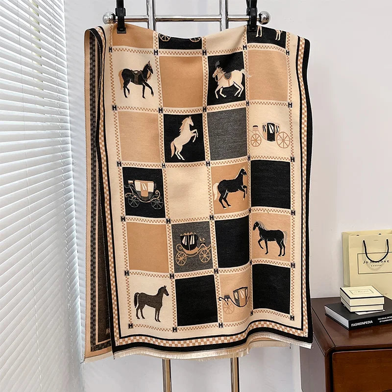 Women's Horse Print Poncho Shawl Wrap, Thick Winter Scarf