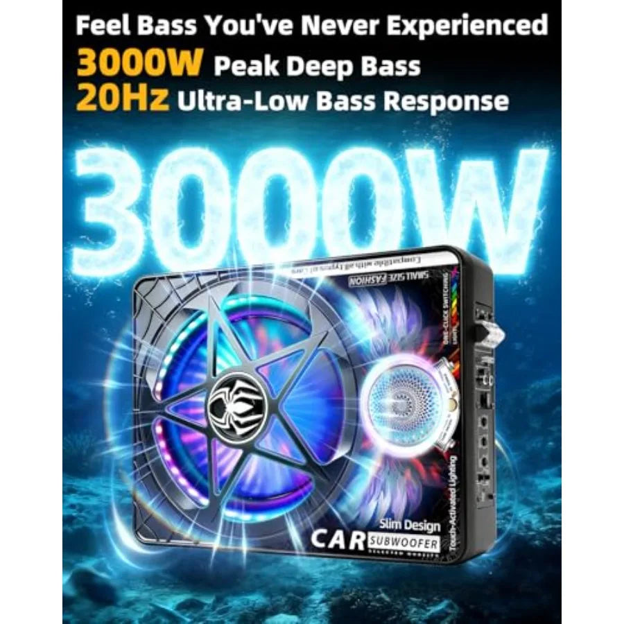 3000W AI 3-Way Under Seat Subwoofer with Amp, Slim Powered Car Subwoofer 20Hz 22kHz Full Range, Built-in Amplifier Plug and Pla