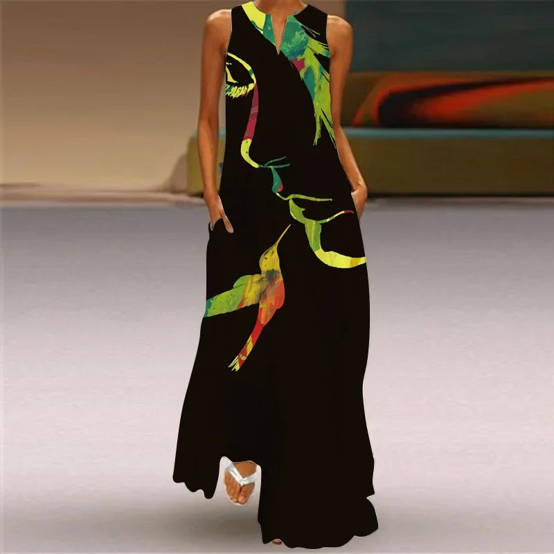 Women's Sleeveless V-Neck Maxi Dress — Vintage Print Loose Sundress with Pockets (Plus Size)