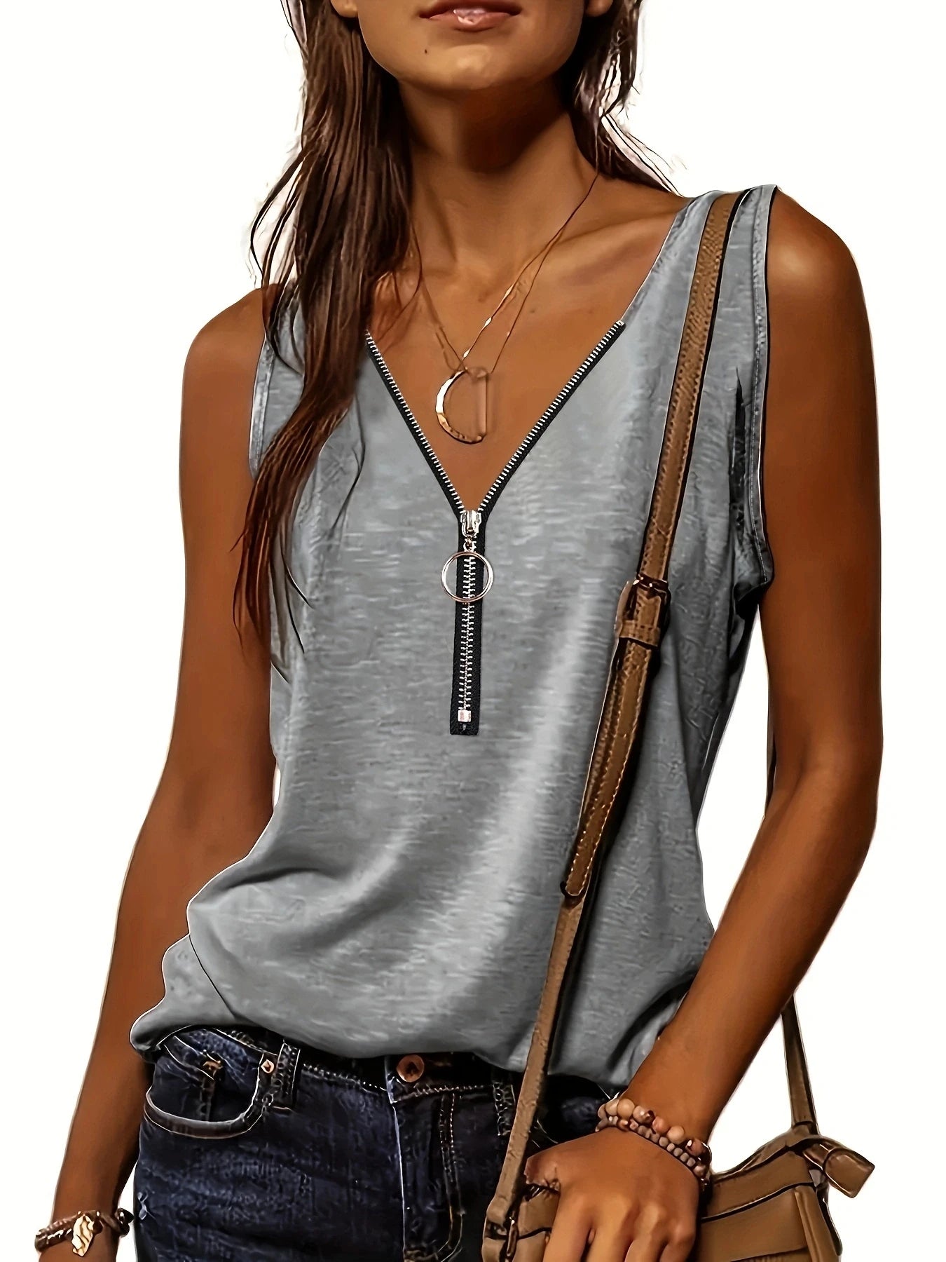 Versatile Women's V-Neck Half-Zip Tank Top - Casual All-Season Wear with Durable Stretch Fabric