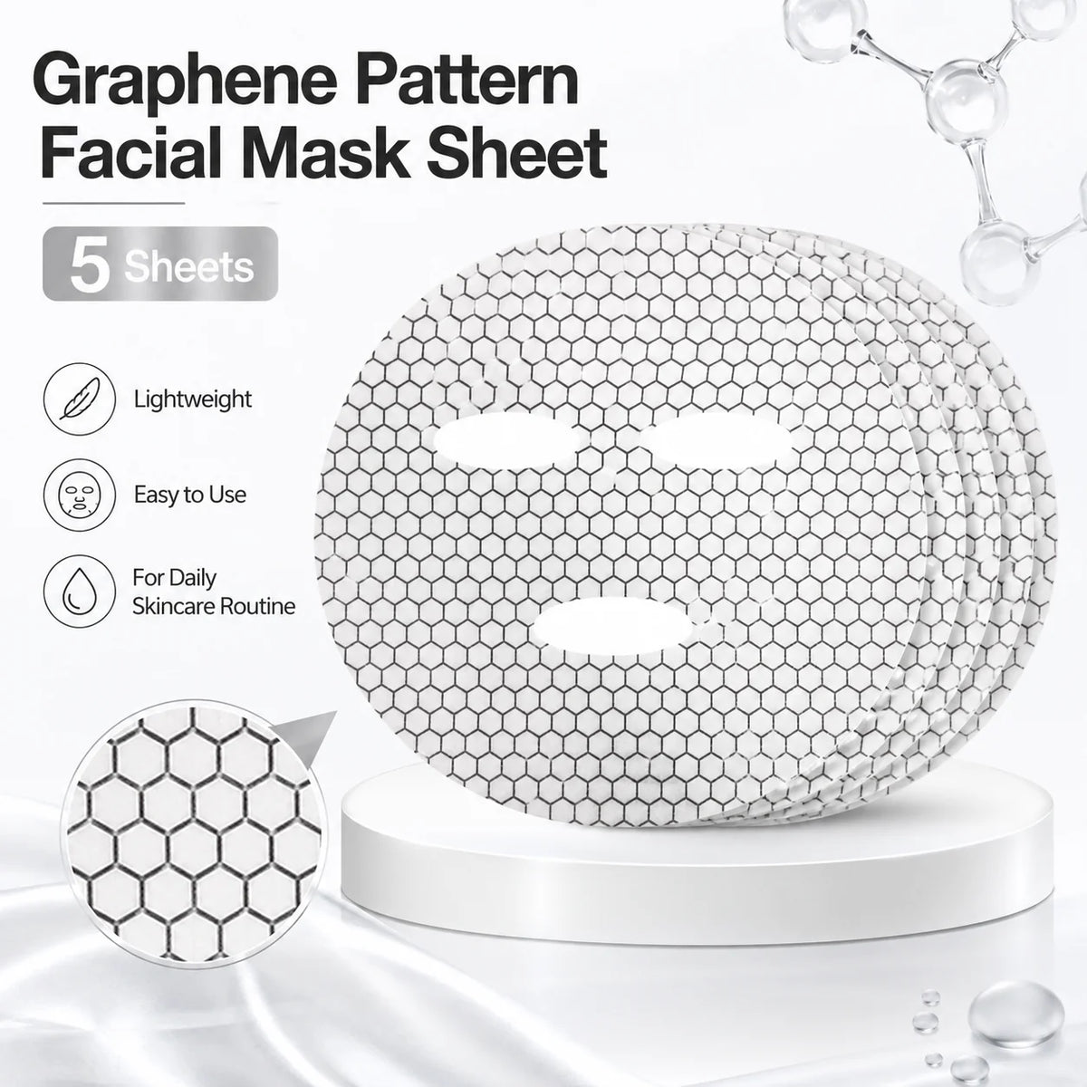 5 PCS Graphene Pattern Facial Mask Sheets, Hexagon Face Mask Sheets, Pre-Cut Lightweight Sheets for Daily Skincare
