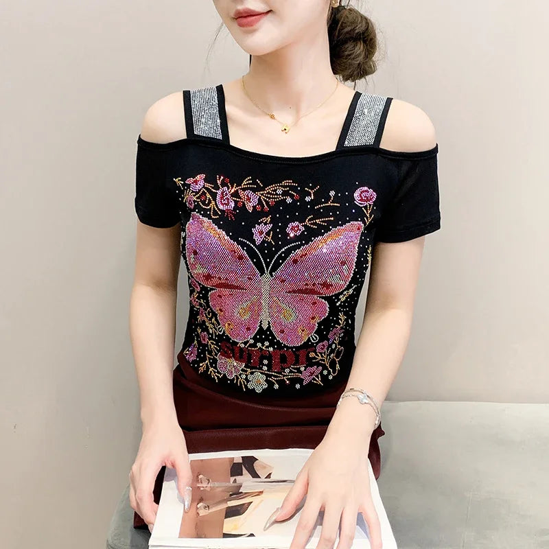 Women's Off-Shoulder Rhinestone Mesh Top