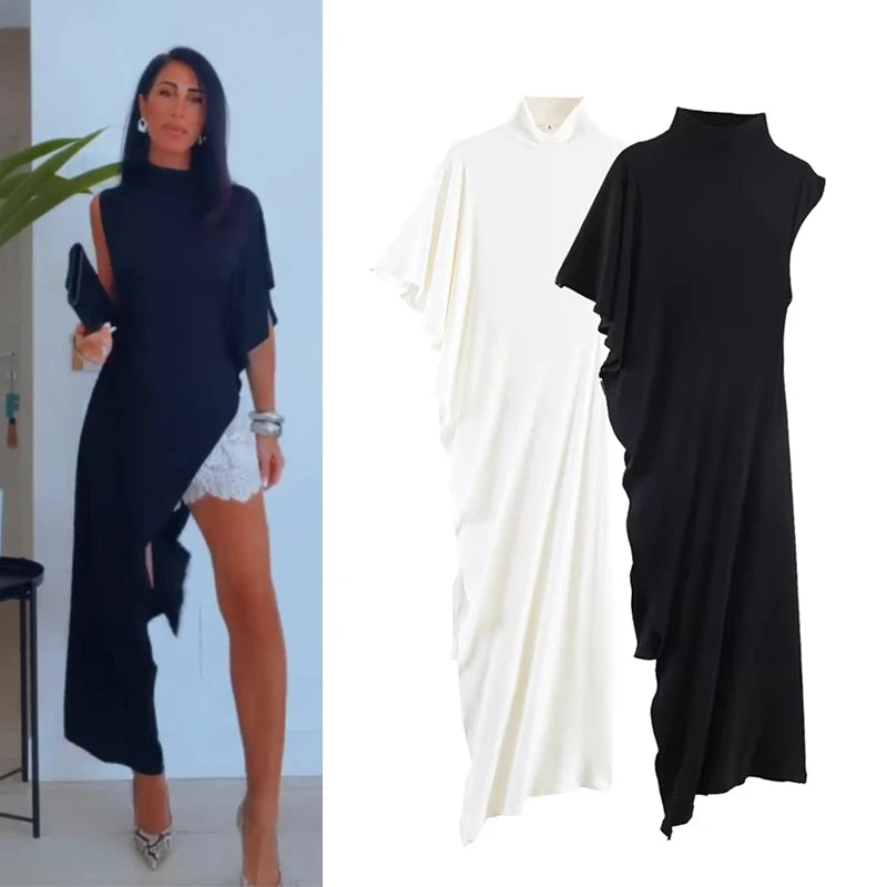 Women's Dress 2026 New Fashion Spring Summer Black Asymmetric Ruffle Dress for Women Casual Chic Personality Top