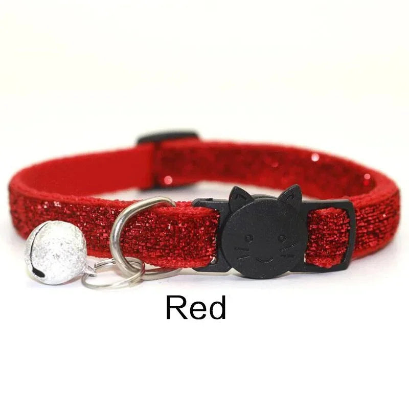 Glitter Velvet Cat Collar with Bell - Cat Face Safety Buckle
