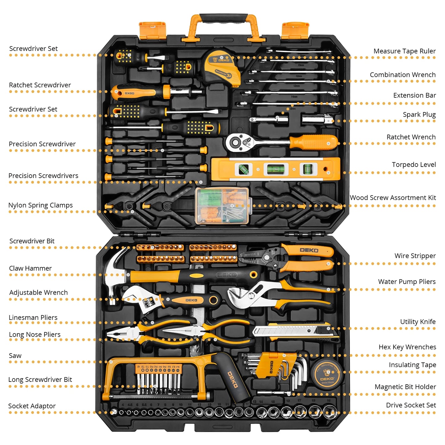 DEKOPRO 228-Piece Home Tool Kit – Socket Wrench Set, Hand Tools & Auto Repair Combination with Plastic Toolbox Storage Case