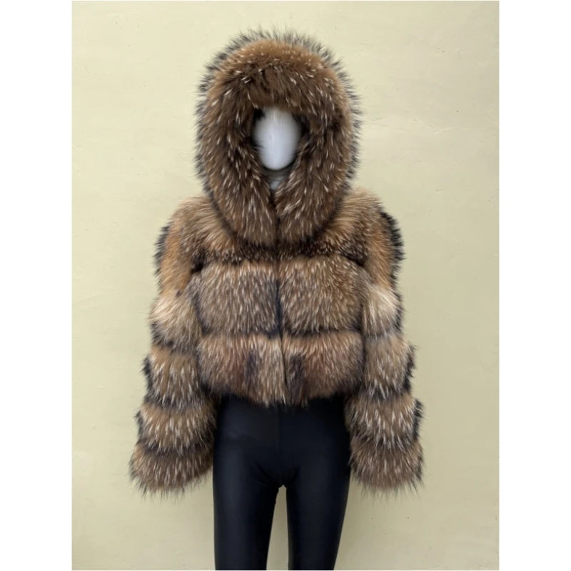 Women's Short Raccoon Fur Coat, Winter Jacket