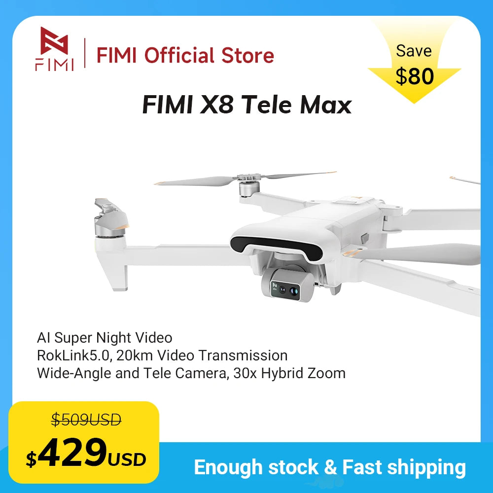 FIMI X8 Tele Max drone New Generation RokLink 5.0 20KM digital Video Transmission System 1/2-inch CMOS Wide-Angle Tele Camera