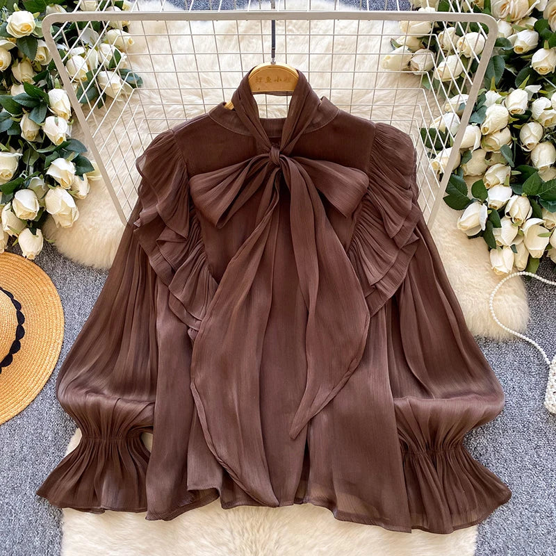 Women's Bow Chiffon Blouse - Ruffle Hem Long Sleeve Top - photo 9