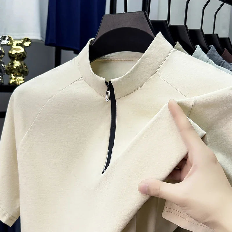 Men's Half-Zip Stand Collar Tee - Raglan Cut, Wrinkle-Free