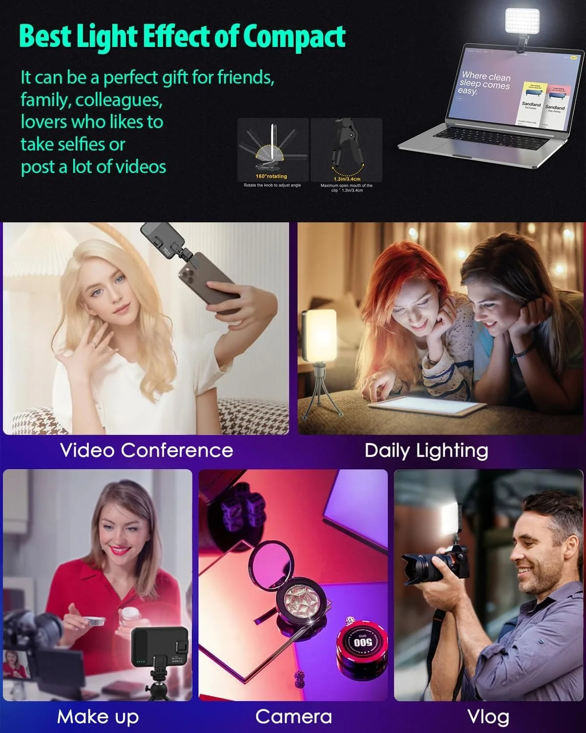 LED Portable Clip-on Selfie Light; Video Conference Lighting, 3 Lighting Modes, Suitable for iPhone Camera Laptop