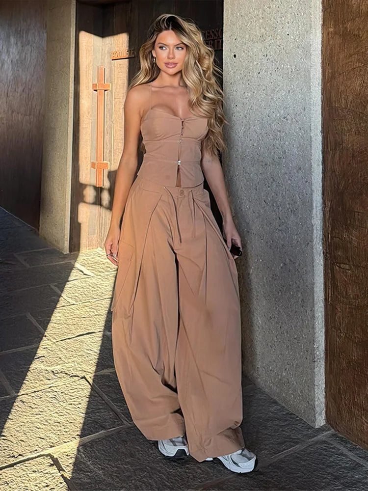Corset Cami & Pleated Wide-Leg Pants Set — Y2K 2-Piece