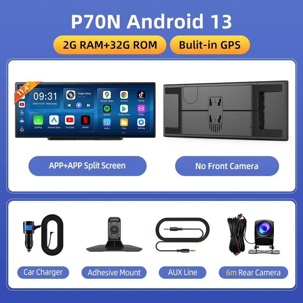 Imagebon P70N Bulit-in GPS Map Navigation 11.4" QLED Screen Android System Dash Cam Wireless Carplay Android Auto Car DVR Goggle