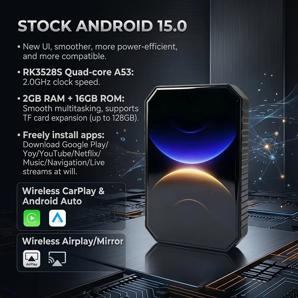 PLAYAIBOX CarPlay AI Box — Wireless CarPlay & Android Auto Adapter with Android 15 Smart System