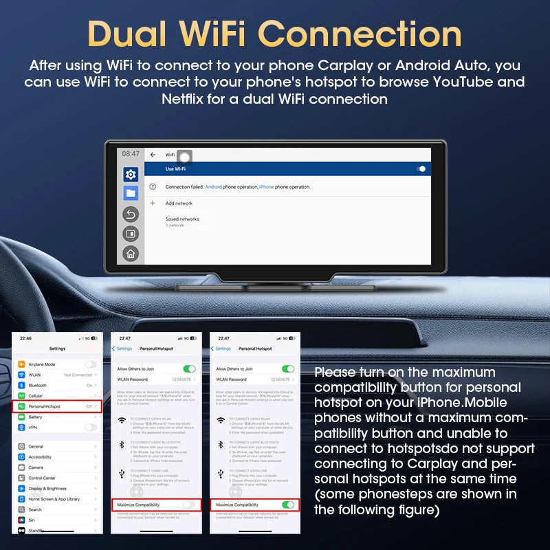 JMCQ 10.26" Universal Android Car Screen — Wireless CarPlay, Android Auto, WiFi, Bluetooth
