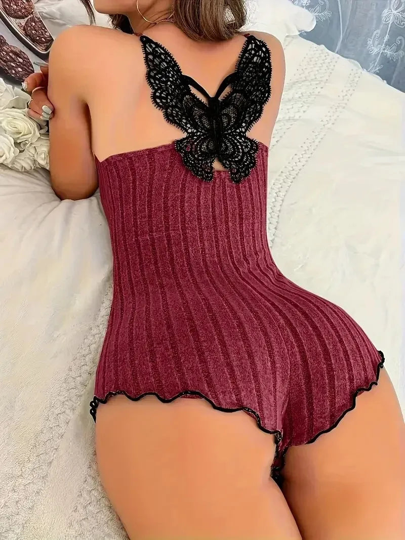 Women's Suspenders Lace Trim And Bow Design Pajamas Sleeveless V-Neck Pajamas Set Sleepwear Suit Sexy Solid Home Clothes Summer