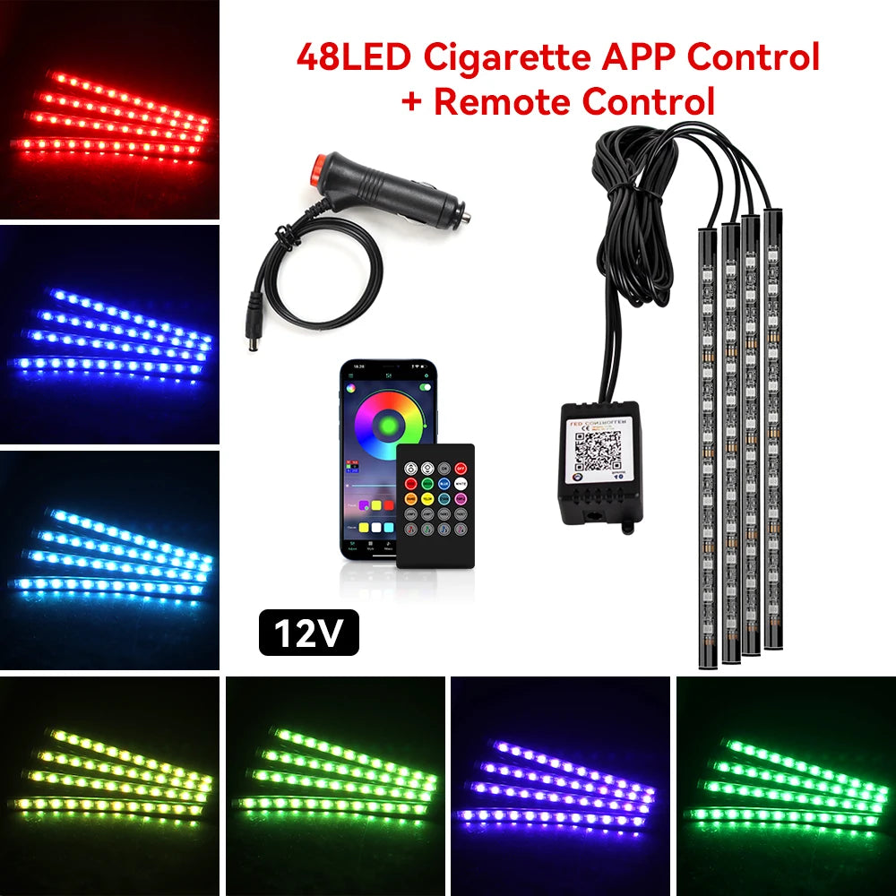 RGB LED Car Interior Ambient Light Strip – 36/48/72 LED Remote & App Music Control | USB or Cigarette Lighter | Atmosphere Foot Light