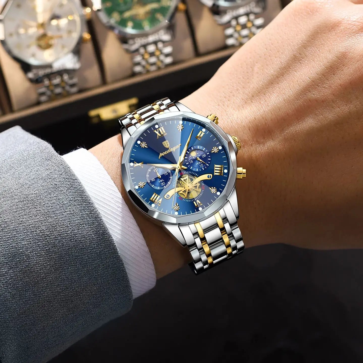 POEDAGAR Luxury Men's Quartz Watch – Waterproof Luminous Chronograph Stainless Steel Wristwatch (Model 938)