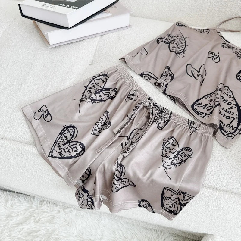 Women Casual Pajama Ladies Sexy Sleepwear Print Round Neck Ice Silk Top T-Shirt and Shorts Sets Breathable Comfortable Home Wear