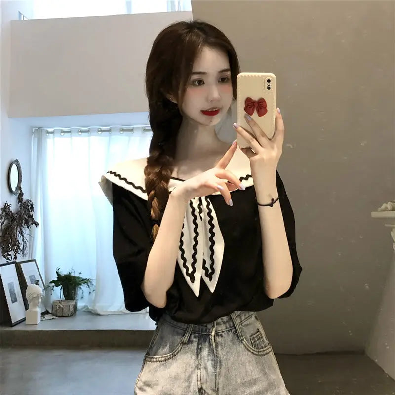 Sailor Collar T-shirts Women Baggy Kawaii Clothes Panelled Temper Designer Aesthetics Japanese Stylish Summer Vintage Футболка