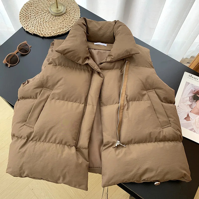 Women's Stand Collar Puffer Vest - Belted Sleeveless Winter Jacket - photo 7